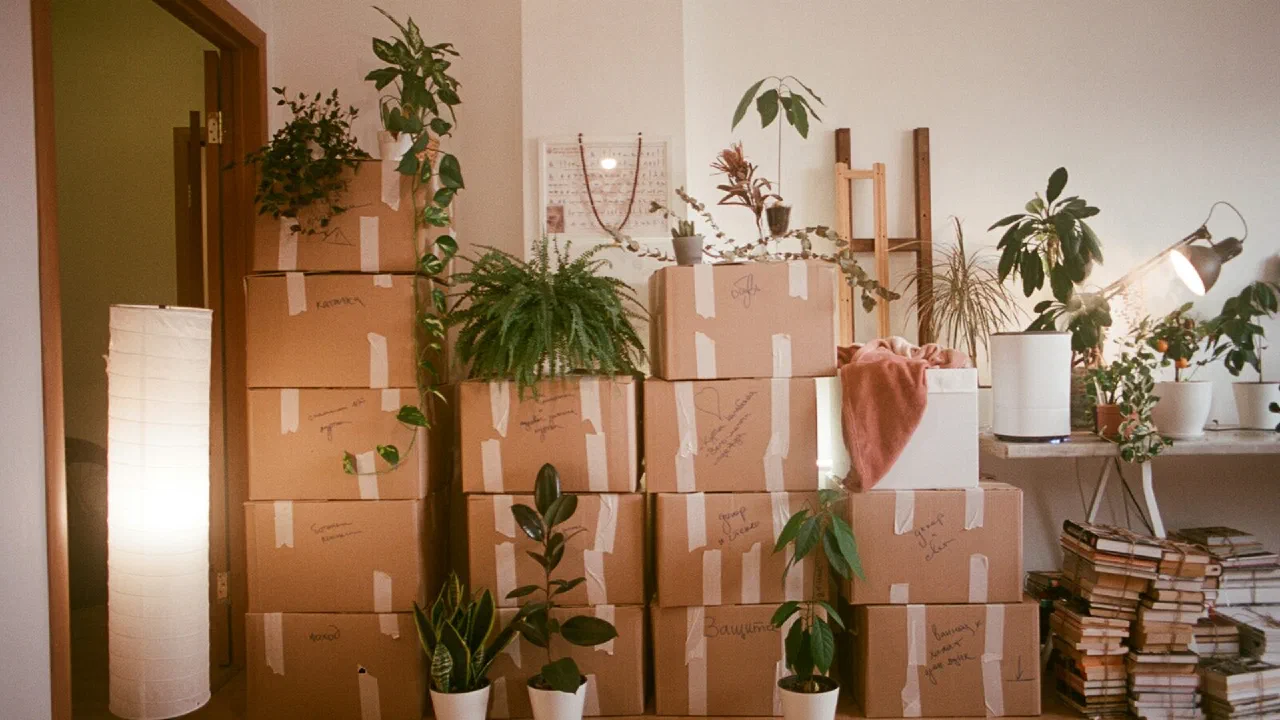 A room with stacked cardboard boxes and houseplants